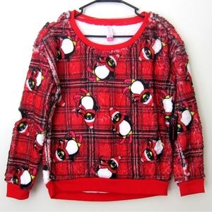 No Boundaries Christmas Penguin Ski Sweater Red Plaid XL/XG (15-17)